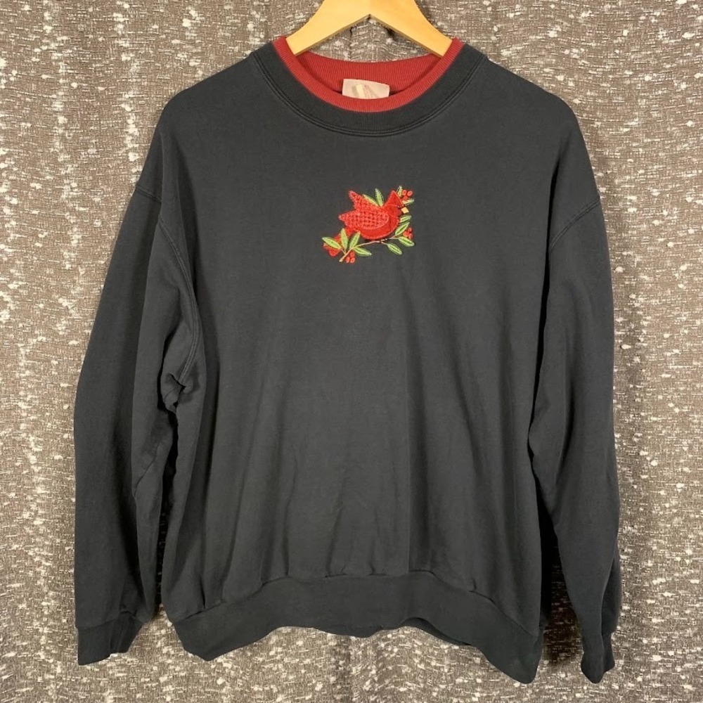 Vintage Top Stitch Embroidered Cardinal Sweater Holiday Double Collar Women's 2X